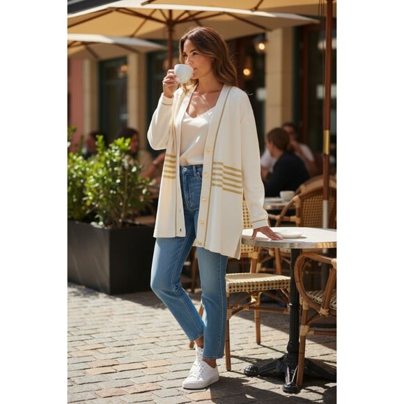 VTG Cathy Daniels Womens Varsity Boyfriend Cardigan Gold Thread Soft Elegant Med - Picture 1 of 8